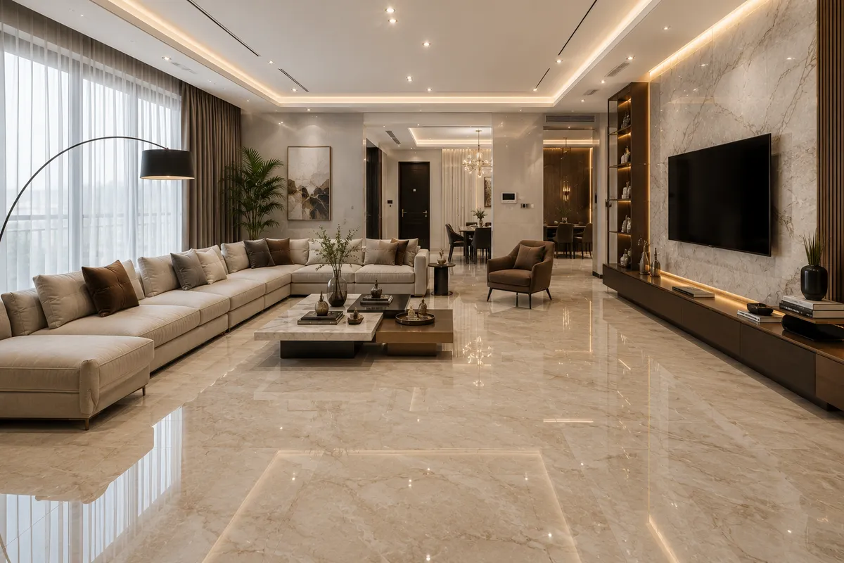 بهترین سنگ برای کف پذیرایی؛ مقایسه مرمریت، چینی، گرانیت و اسلب